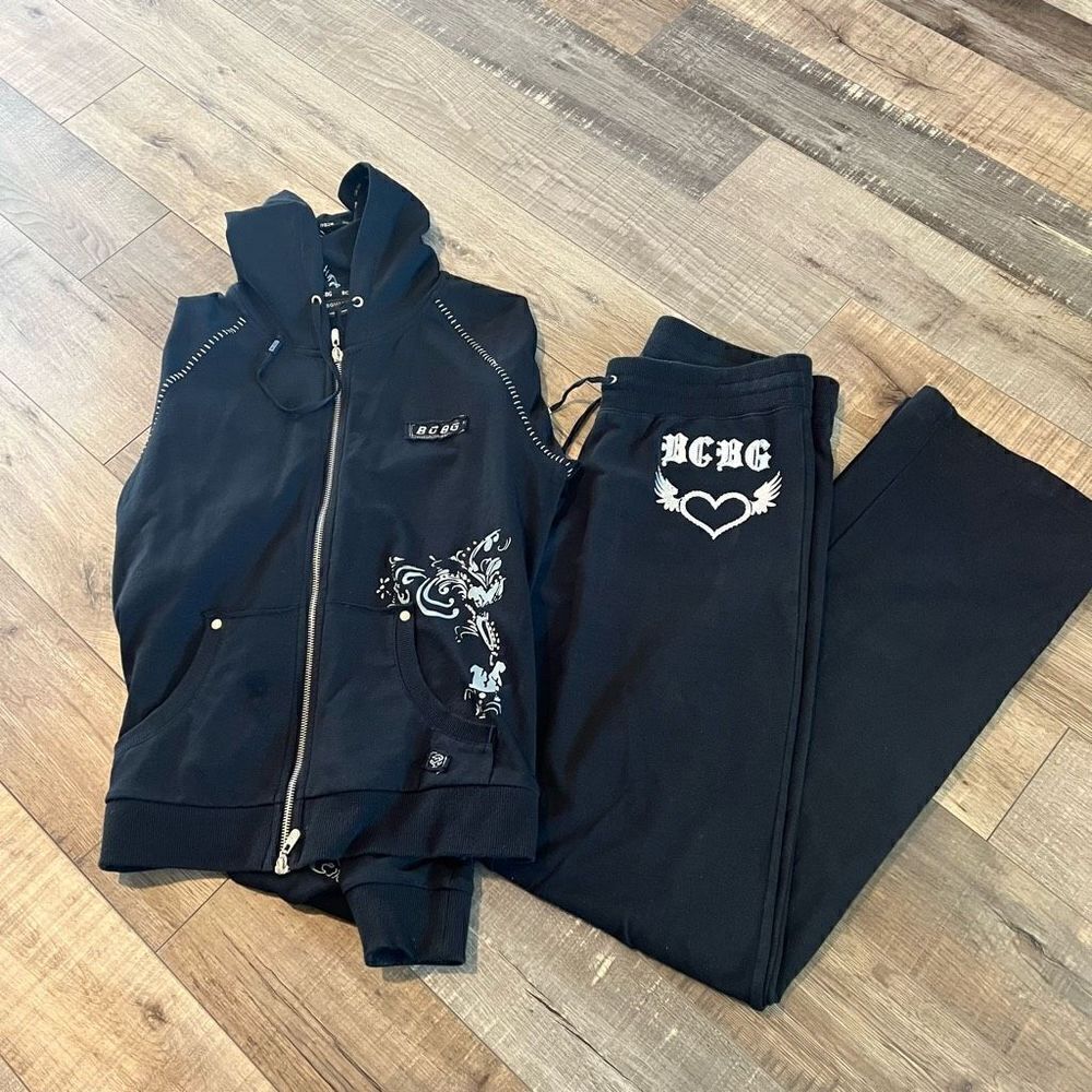 Y2K BCBGMaxazria black  Tracksuit in Old English
Lettering Set Size Xl top and b